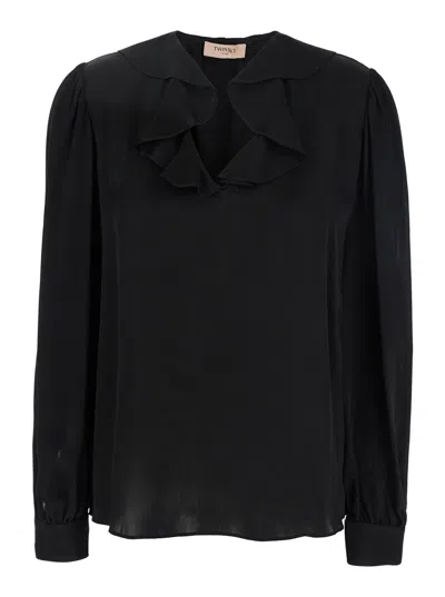 TWINSET BLACK V-NECK BLOUSE WITH RUFFLES IN ACETATE BLEND WOMAN