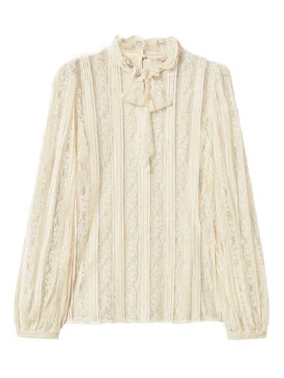 Twinset Striped Lace Bow Blouse In Neutral