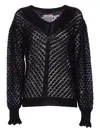 Twinset Open-knit Ruffled-cuff Sweater In Black