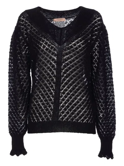Twinset Boat-neck Perforated Pullover In Black