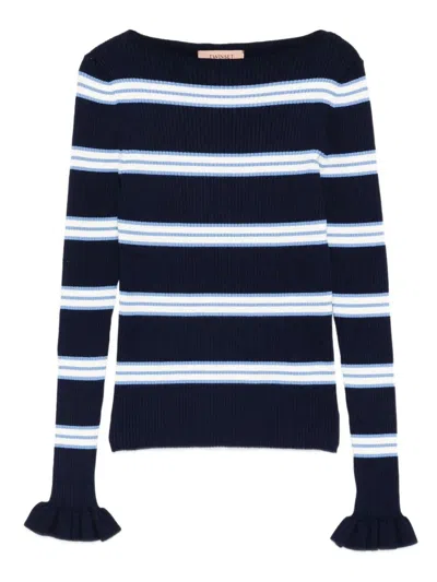 Twinset Boat Neck Stripes Sweater In Blue