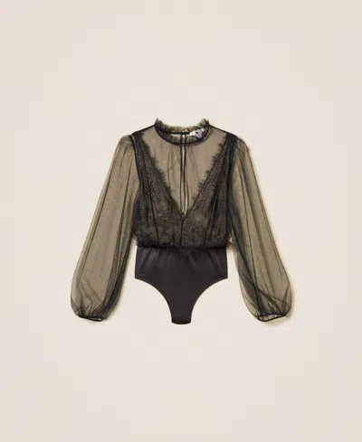 Twinset Lace-detail Tulle Bodysuit In Black