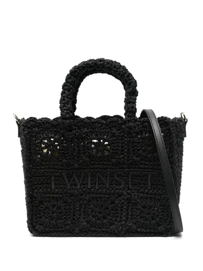 Twinset Bohémienne Crochet Tote Bag In Black