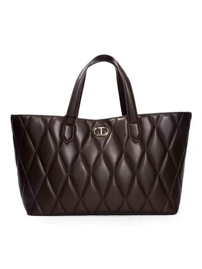 Twinset Quilted Shopper Bag With Oval-t Logo In Brown