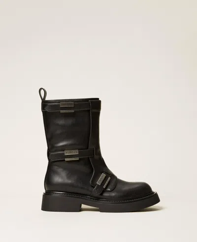 Twinset Boots With Straps And Logo In Black