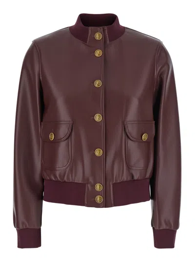 Twinset Bordeaux Jacket With High Neck And Front Jewel Button Closure In Ecoleather Woman In Animal Print