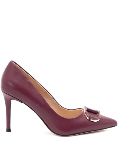 TWINSET BORDEAUX LEATHER PUMPS WITH DECORATIVE BUCKLE DETAIL