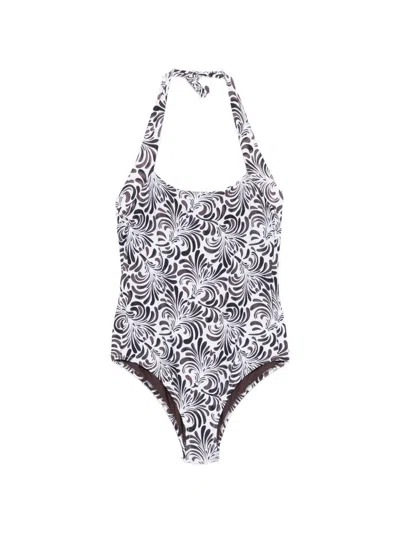 Twinset Botanical-print Halterneck Swimsuit In Gray