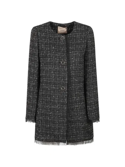 Twinset Roundneck Midlength Jacket In Black