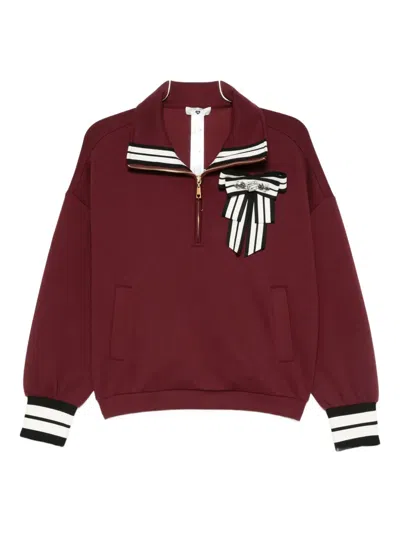 Twinset Bow-detail Short-zip Sweatshirt In Brown