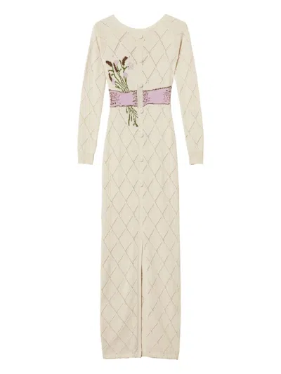 Twinset Bow Diamond-pattern Maxi Dress In Neutral