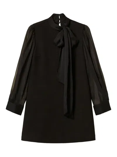 Twinset Bow-neck Sheer-sleeve Mini Dress In Black