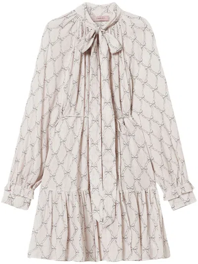 Twinset Bow-print Creponne Mini Dress In Weiss