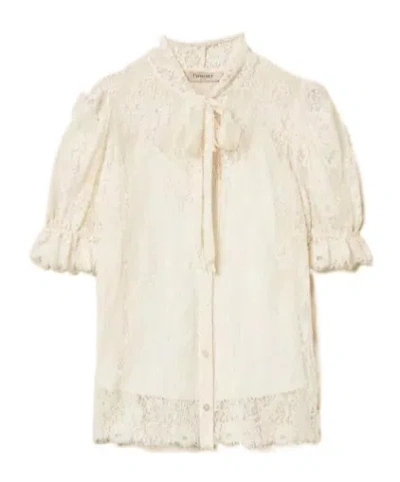 Twinset White Shirt With Lace Design And Bow On The Neck In Cotton Blend Woman In Neutral
