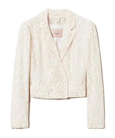 Twinset Boxy Blazer In Floral Lace In White