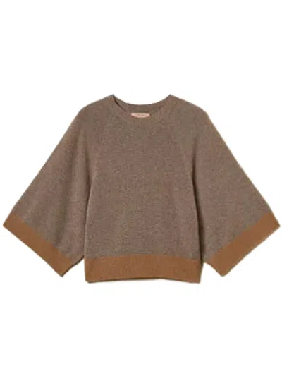 Twinset Boxy Knit Top With Contrasting Ribbed Cuffs And Hem In Brown