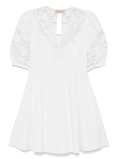 Twinset Broderie-anglaise Poplin Mini Dress In Beige