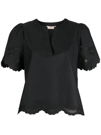 Twinset Broderie-anglaise Short-sleeve Blouse In Black  