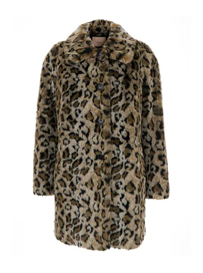 TWINSET BROWN COAT WITH NOTCHED COLLAR AND ALL-OVER LEOPARD MOTIF IN ECOFUR WOMAN
