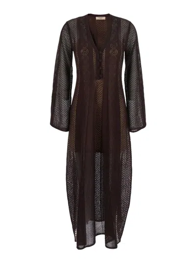 Twinset Brown Dress With V-neck And Knitted Design With All-over Embroidery In Fabric Woman