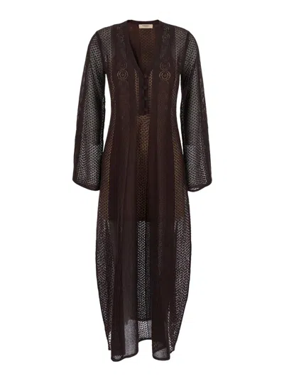 TWINSET BROWN DRESS WITH V-NECK AND KNITTED DESIGN WITH ALL-OVER EMBROIDERY IN FABRIC WOMAN