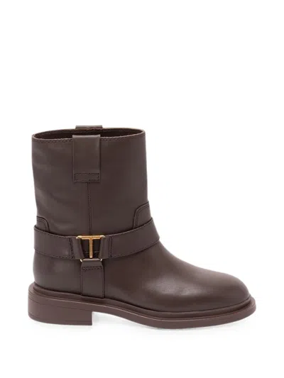 Twinset Brown Faux Leather Ankle Boots With Golden Ankle Buckle