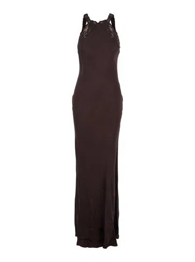 Twinset Brown Halterneck Long Dress With Lace Embellishment On The Rear In Viscose Woman