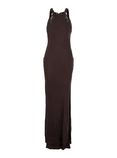 TWINSET BROWN HALTERNECK LONG DRESS WITH LACE EMBELLISHMENT ON THE REAR IN VISCOSE WOMAN