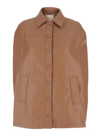 Twinset Brown Jacket With Classic Collar In Leather Woman