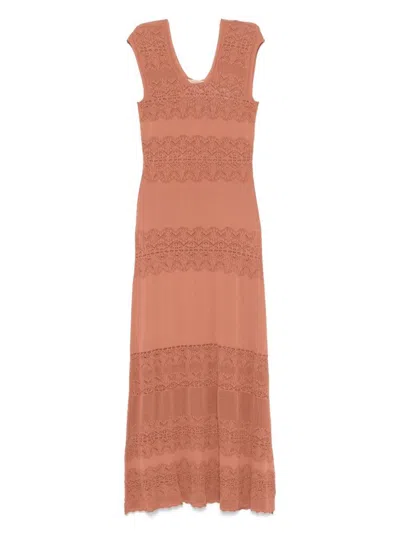 TWINSET BROWN MIDI DRESS WITH LACE