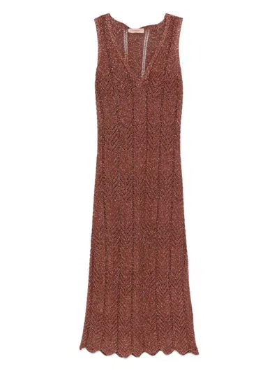 TWINSET BROWN MIDI DRESS WITH LUREX-EFFECT