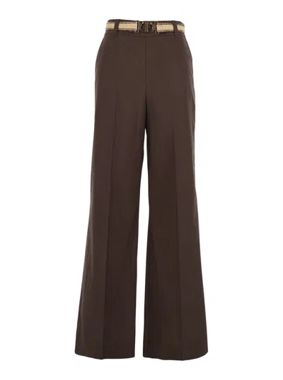 TWINSET BROWN PANTS WITH WAIST BELT AND METALLIC LOGO PLAQUE