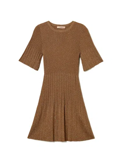 Twinset Brown Ribbed Flutter Sleeve Day Dress