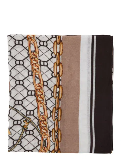 Twinset Brown Scarf With Geometric Chain Motif In Viscose Woman In White