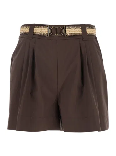 Twinset Brown Shorts With Waist Belt And Metallic Logo Plaque In Cotton Poplin Woman