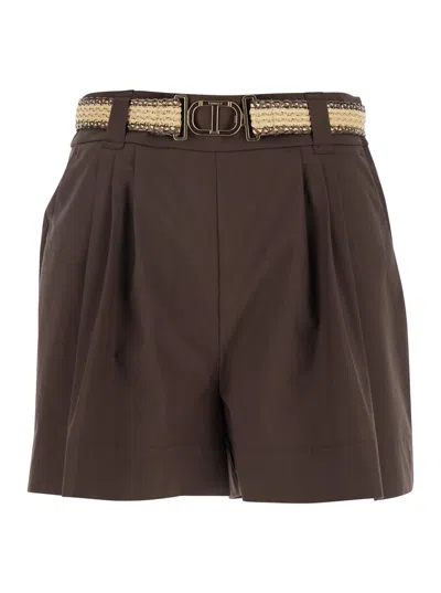 TWINSET BROWN SHORTS WITH WAIST BELT AND METALLIC LOGO PLAQUE IN COTTON POPLIN WOMAN
