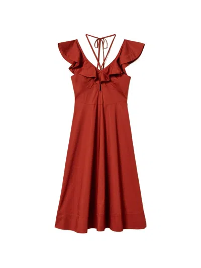 Twinset Brown Tie Ruffled Day Dress In Red