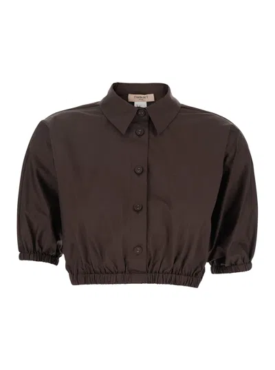 Twinset Brown Top With Classic Collar And Logo Plaque Detail On The Rear In Cotton Woman
