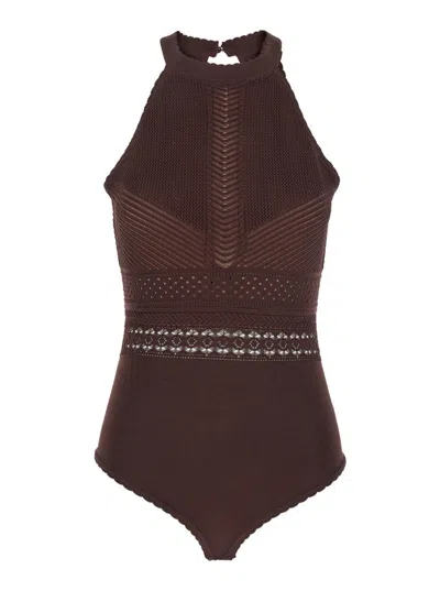TWINSET BROWN TOP WITH KNITTED DESIGN AND CUT-OUT ON THE BACK IN VISCOSE BLEND WOMAN