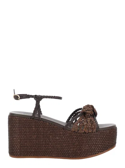 Twinset Brown Wedges With High Heel And Woven Design In Leather And Fabric Woman