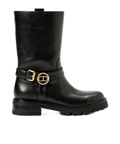 Twinset Buckle-embellished Leather Boots In Black