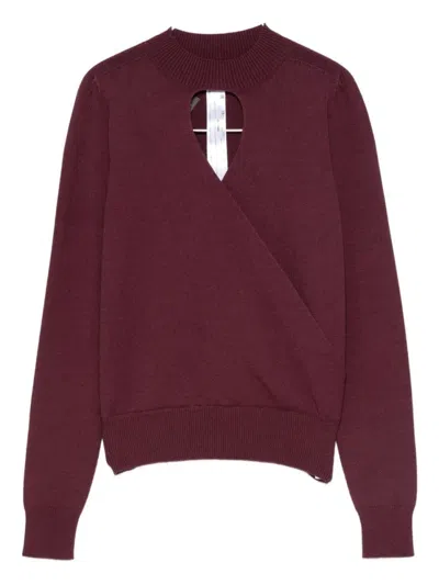 TWINSET BURGUNDY KNIT SWEATER WITH KEYHOLE NECK AND RIBBED HEM