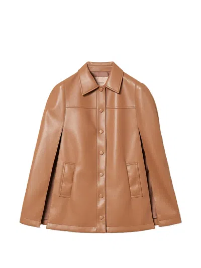 Twinset Button Faux-leather Cape Jacket In Brown