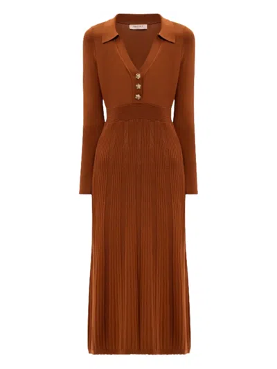 Twinset Button Ribbed Midi Dress In Brown