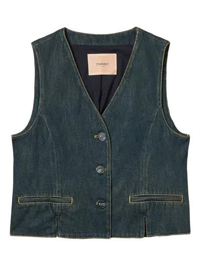 Twinset Twin-set Buttoned Cotton Vest In Blue