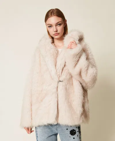 Twinset Caban En Fausse Fourrure Avec Capuche In Neutral
