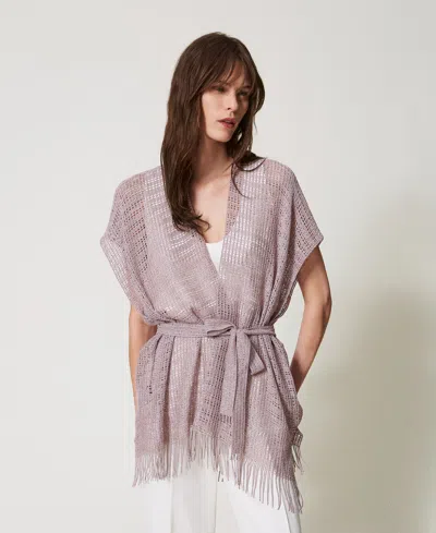Twinset Caftan Court En Filet Et Lurex Avec Franges In Multi