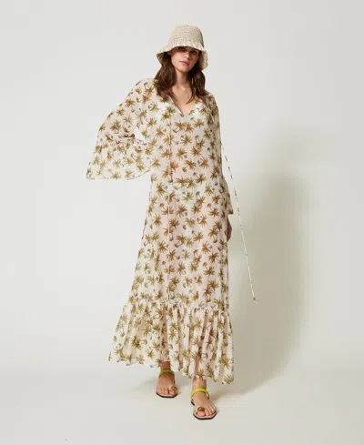 Twinset Caftan En Crêpe Georgette Avec Imprimé Palmiers In Multi