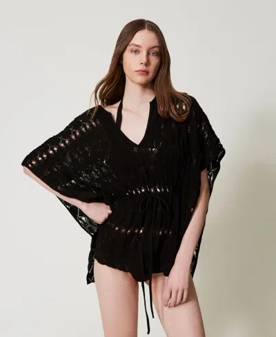 Twinset Caftan En Maille Ajourée In Black