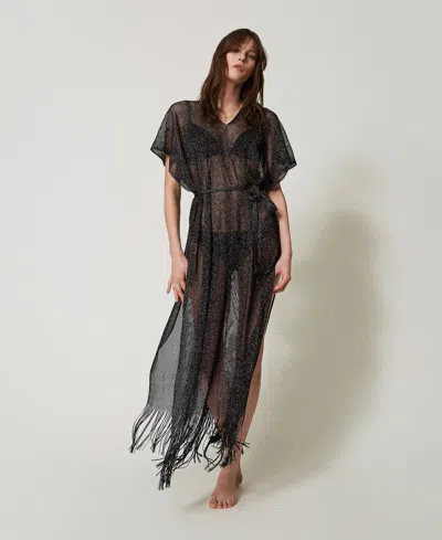 Twinset Caftan Long En Filet Et Lurex Avec Franges In Multi